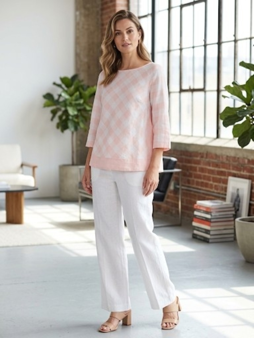 J. Jill Pink Plaid Boatneck Top with White Pants